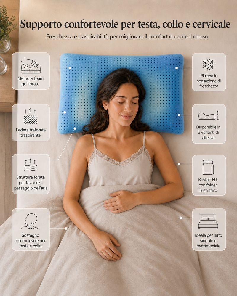 Guanciale in Memory foam gel forato con federa traforata