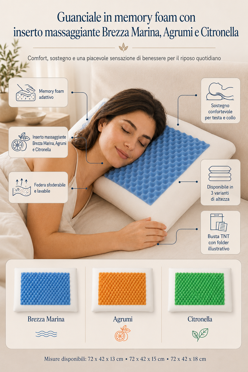 Guanciale con inserto massaggiante in memory foam, brezza marina, agrumi, citronella