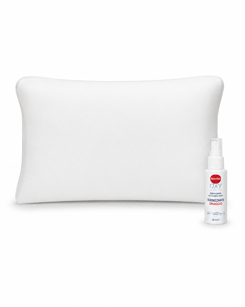 Guanciale in memory foam con federa jersey, bottiglietta igienizzante "OXY"