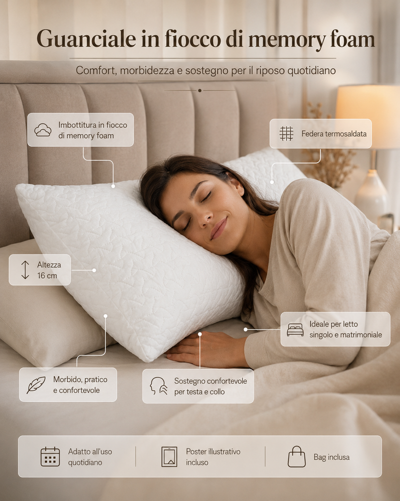 Guanciale in fiocco di memory foam con federa cucita