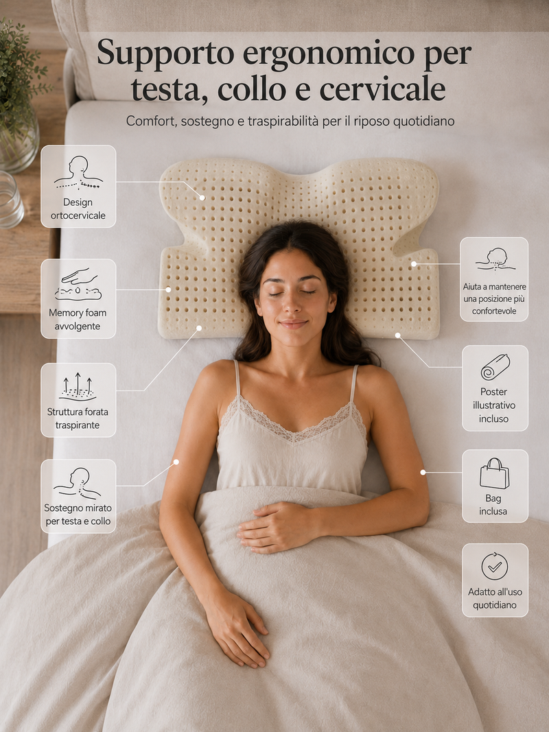 Guanciale forato ergonomico ortocervicale in memory foam "Fly"