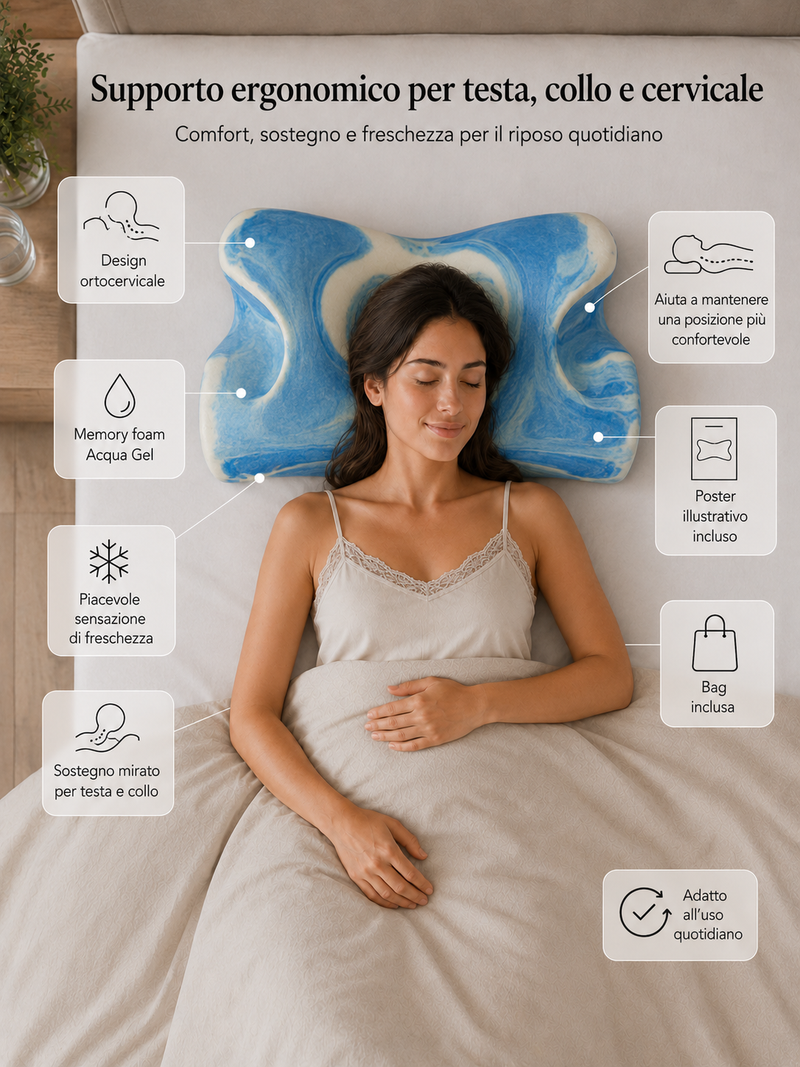 Guanciale ergonomico ortocervicale Acqua Gel in memory foam "Fly"