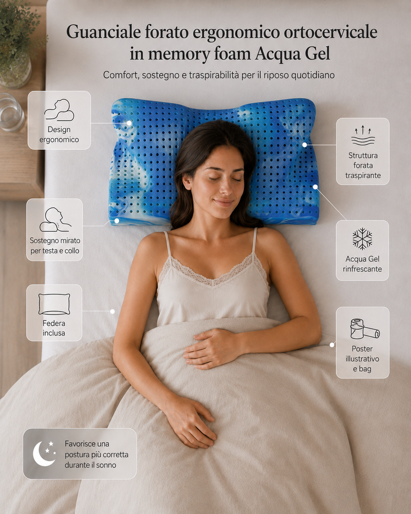Guanciale forato ergonomico ortocervicale Acqua Gel in memory foam "Fly"